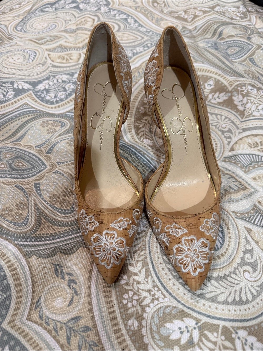 Jessica Simpson Tan Pumps with White Floral Lace Embroidery